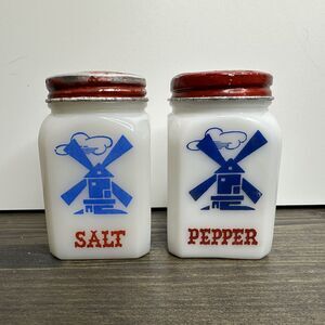Vintage Milk Glass Dutch Windmill Salt Pepper Shaker Red Screw Lid USA Farmhouse